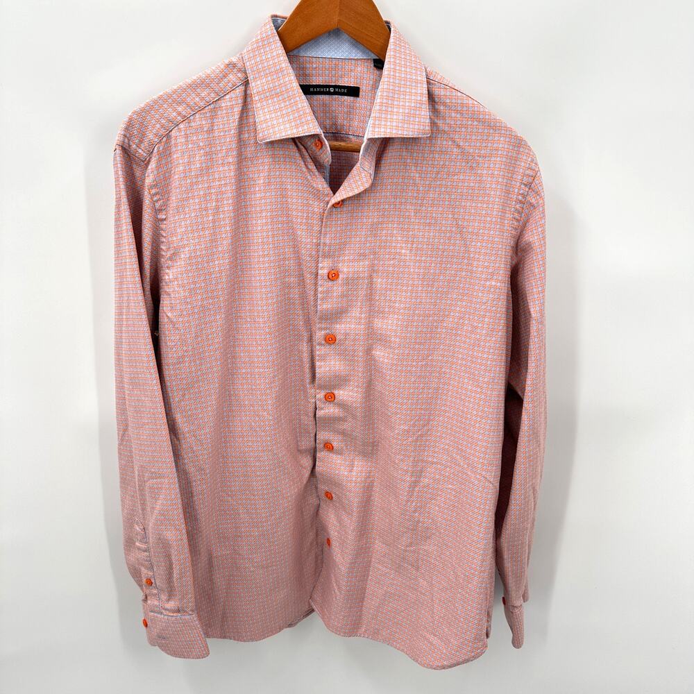 HAMMERMADE Men's Orange Blue Plaid Cotton Button Down  // L